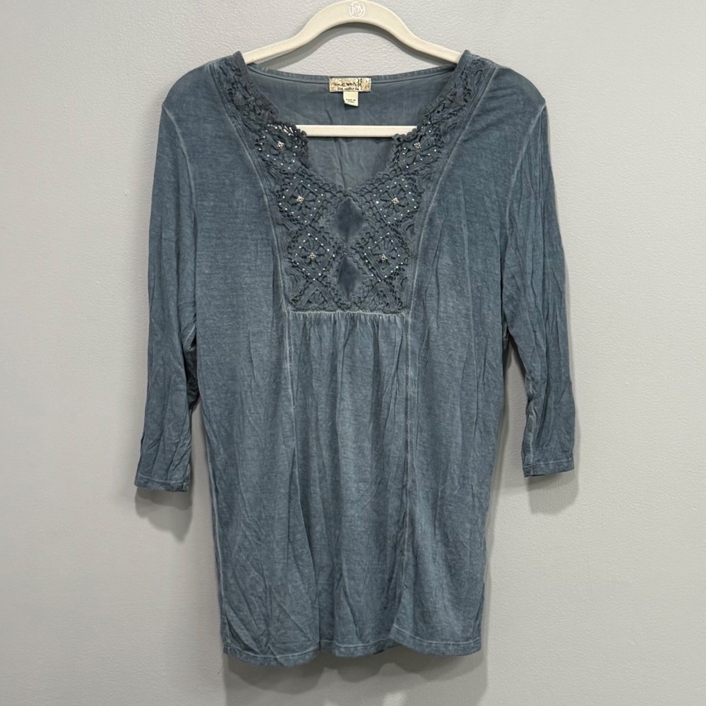 One World boho ethereal Blue Mineral Wash Crochet Lace Beaded Top Large